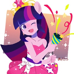 Size: 766x766 | Tagged: safe, artist:efuji_d, twilight sparkle, human, equestria girls, bare shoulders, big crown thingy, clothes, confetti, element of magic, fall formal outfits, female, jewelry, one eye closed, open mouth, open smile, regalia, simple background, sleeveless, smiling, solo, stars, strapless, white background