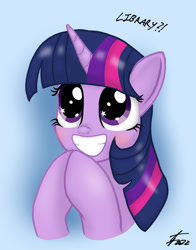 Size: 1280x1630 | Tagged: safe, artist:lennondash, twilight sparkle, pony, g4, blushing, book, bust, cute, excited, exclamation point, female, grin, hooves together, looking up, mare, question mark, simple background, smiling, solo, text, that pony sure does love books, twiabetes, wingding eyes
