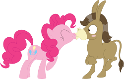 Size: 3570x2277 | Tagged: safe, artist:porygon2z, pinkie pie, oc, oc:duncan, donkey, earth pony, pony, g4, canon x oc, female, high res, kiss on the lips, kissing, male, simple background, straight, surprise kiss, transparent background
