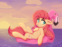 Size: 3600x2700 | Tagged: safe, artist:stravy_vox, fluttershy, pegasus, pony, g4, cloud, drinking, drinking straw, ear fluff, eyebrows, female, high res, hoof hold, inflatable, inflatable toy, inner tube, looking at you, mare, ocean, pool toy, solo, straw, sunset, water
