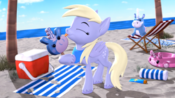 Size: 3840x2160 | Tagged: safe, artist:owlpirate, derpy hooves, pegasus, pony, g4, 3d, 4k, balloonicorn, beach, beach chair, beach towel, chair, cooler, cute, derpabetes, female, food, high res, hoof hold, ice cream, licking, mare, neckerchief, solo, source filmmaker, tongue out