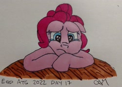 Size: 3245x2320 | Tagged: safe, artist:rapidsnap, pinkie pie, earth pony, pony, a trivial pursuit, g4, crying, high res, newbie artist training grounds, photo, sad, simple background, solo, table, traditional art, white background
