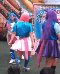 Size: 367x450 | Tagged: safe, pinkie pie, rainbow dash, twilight sparkle, human, equestria girls, g4, animated, boots, clothes, dancing, gif, irl, irl human, live action, photo, shoes, skirt, turning