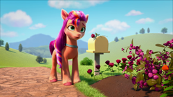 Size: 1920x1080 | Tagged: safe, screencap, sunny starscout, earth pony, pony, g5, make your mark, my little pony: make your mark, spoiler:my little pony: make your mark, cropped, female, flower, mailbox, mane stripe sunny, mare, rose, solo