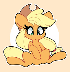 Size: 1707x1763 | Tagged: safe, artist:kindakismet, applejack, earth pony, pony, g4, applejack's hat, circle background, cowboy hat, featureless crotch, female, freckles, hat, looking down, mare, simple background, solo