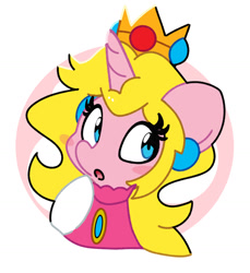Size: 1443x1573 | Tagged: safe, artist:kindakismet, pony, unicorn, :o, bust, clothes, crossover, crown, female, horn, jewelry, looking at you, mare, open mouth, ponified, portrait, princess peach, regalia, simple background, solo, super mario bros., video game, white background