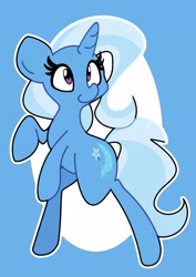 Size: 2894x4096 | Tagged: safe, artist:kindakismet, trixie, pony, unicorn, g4, bipedal, blue background, circle background, cute, diatrixes, female, horn, mare, raised hoof, simple background, smiling, solo, standing on two hooves