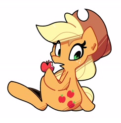 Size: 3316x3382 | Tagged: safe, artist:kindakismet, applejack, earth pony, pony, g4, apple, applejack's hat, cowboy hat, eating, eye clipping through hair, food, freckles, hat, herbivore, high res, hoof hold, open mouth, raised hoof, simple background, sitting, white background