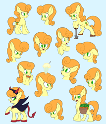 Size: 3000x3500 | Tagged: safe, artist:iron curtain, carrot top, golden harvest, earth pony, pony, g4, blue background, carrot, cyan background, food, high res, saddle basket, shovel, simple background, solo