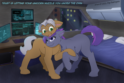 Size: 1280x860 | Tagged: safe, artist:thedigodragon, oc, oc only, oc:doc wagon, oc:switchblade, earth pony, pony, unicorn, bed, chest fluff, computer, floppy ears, glasses, window