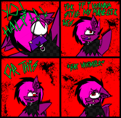 Size: 1804x1750 | Tagged: safe, artist:xxv4mp_g4z3rxx, oc, oc only, oc:violet valium, bat pony, pony, bat pony oc, bat wings, clothes, collar, comb, fangs, female, folded wings, hoodie, mare, misspelling, piercing, purple coat, red eyes, spiked collar, talking, text, torn ear, two toned mane, whimpering, wings