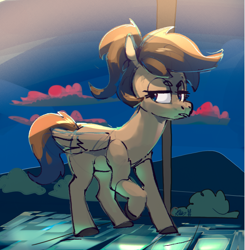 Size: 2257x2300 | Tagged: safe, artist:alumx, oc, oc only, oc:doodles, pegasus, pony, female, frown, high res, lidded eyes, mare, raised hoof, solo