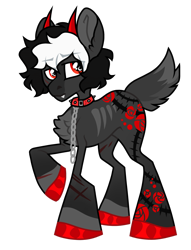Size: 1600x2099 | Tagged: safe, artist:moonert, oc, oc only, earth pony, pony, chains, chest fluff, collar, earth pony oc, hoof polish, horns, raised hoof, simple background, solo, transparent background