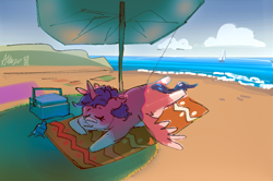 Size: 1995x1327 | Tagged: safe, artist:alumx, oc, oc only, alicorn, pony, alicorn oc, beach towel, beach umbrella, cooler, eyes closed, horn, lying down, prone, smiling, solo, sploot, spread wings, wings
