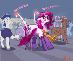 Size: 2097x1756 | Tagged: safe, artist:alumx, oc, oc:arrhythmia, bat pony, earth pony, pony, annoyed, bat pony oc, bat wings, blushing, butt, clothes, embarrassed, female, male, mare, metal detector, onomatopoeia, plot, scarf, socks, solo focus, stallion, striped scarf, stuck, the ass was too fat, wide hips, wings