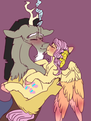 Size: 2250x3000 | Tagged: safe, artist:cocobean2176, artist:cocolove2176, discord, fluttershy, draconequus, pegasus, pony, g4, blushing, eyes closed, female, high res, holding a pony, kissing, male, mare, purple background, ship:discoshy, shipping, simple background, story included, straight