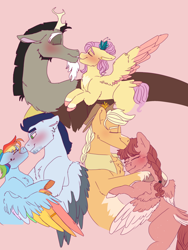 Size: 2250x3000 | Tagged: safe, artist:cocobean2176, artist:cocolove2176, applejack, discord, fluttershy, rainbow dash, soarin', oc, draconequus, earth pony, pegasus, pony, g4, 2022, blushing, female, high res, hug, kissing, male, mare, parents:canon x oc, pink background, ship:discoshy, ship:soarindash, shipping, simple background, story included, straight