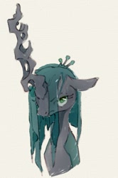 Size: 797x1200 | Tagged: safe, artist:inkhooves, queen chrysalis, changeling, changeling queen, g4, big horn, bust, ears back, female, frown, horn, lidded eyes, looking at you, simple background, solo, white background
