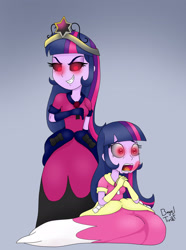 Size: 2016x2712 | Tagged: safe, artist:bageloftime, twilight sparkle, alicorn, human, equestria girls, g4, ponies of dark water, clothes, coronation dress, dark magic, dress, duality, duo, equestria girls-ified, female, gown, high res, long dress, long skirt, magic, self paradox, skirt, twilight sparkle (alicorn), tyrant sparkle