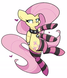 Size: 2156x2498 | Tagged: safe, artist:kindakismet, fluttershy, pegasus, pony, g4, bell, bell collar, cat bell, clothes, collar, dock, female, folded wings, heart, high res, mare, simple background, socks, solo, striped socks, tail, white background, wings