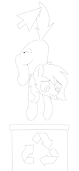 Size: 550x1183 | Tagged: safe, artist:pizzahutjapan, oc, oc only, oc:filly anon, earth pony, pony, cursor, female, filly, foal, hanging by tail, into the trash it goes, recycle bin, simple background, sketch, solo, white background
