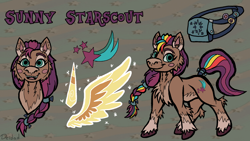 Size: 1920x1080 | Tagged: safe, artist:deidad dissitum, sunny starscout, earth pony, pony, g5, my little pony: a new generation, bag, character design, cheek fluff, chest fluff, coat markings, cutie mark, horn, mane stripe sunny, pins, redesign, reference sheet, smiling, solo, unshorn fetlocks, wings