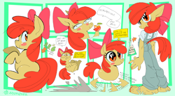 Size: 1480x817 | Tagged: safe, artist:superfrenzyhare, apple bloom, earth pony, pony, anthro, plantigrade anthro, g4, adorabloom, apple, aside glance, ass, bandage, bandaid, barefoot, bloom butt, blushing, butt, buy some apples, clothes, cute, eating, feet, female, filly, foal, food, looking at you, nail polish, overalls, potion, solo, text, toenail polish, toenails, toes