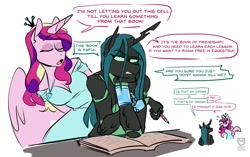 Size: 1323x832 | Tagged: safe, artist:redxbacon, princess cadance, queen chrysalis, alicorn, changeling, anthro, g4, accessory theft, annoyed, blatant lies, book, breasts, busty princess cadance, chains, cleavage, clothes, crown, cuffed, cuffs, dialogue, dress, duo, duo female, eyes closed, female, jewelry, lidded eyes, looking away, looking back, loss (meme), necklace, nervous, open mouth, pencil, prisoner, regalia, simple background, speech bubble, sweat, sweatdrops, white background