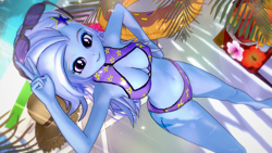 Size: 1920x1080 | Tagged: safe, artist:ratachu666, trixie, human, equestria girls, g4, 3d, belly button, bikini, boob window, breasts, cleavage, clothes, high angle, koikatsu, looking at you, peace sign, solo, sunglasses, sunglasses on head, swimsuit