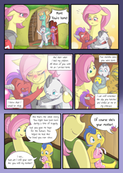 Size: 2591x3624 | Tagged: safe, alternate version, artist:mustachedbain, fluttershy, zephyr breeze, oc, oc:august, oc:izen, oc:rexion, dragon, pegasus, pony, comic:my dragon children, g4, adopted offspring, baby, baby dragon, blushing, comic, crying, dialogue, dragon oc, female, floppy ears, fluttermom, group hug, high res, hug, male, mare, mother and child, mother and son, non-pony oc, parent:fluttershy, plushie, speech bubble, stallion, swaddled baby, tears of joy