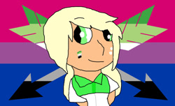 Size: 1024x621 | Tagged: safe, artist:ottermelonenjoyslife, applejack, human, equestria girls, g4, 1000 hours in ms paint, arm behind back, aromantic, bisexual pride flag, face paint, female, looking sideways, pride, pride flag, solo