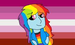 Size: 1024x620 | Tagged: safe, artist:ottermelonenjoyslife, rainbow dash, human, equestria girls, g4, 1000 hours in ms paint, arm behind back, female, lesbian, looking sideways, pride, pride flag, solo