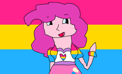 Size: 1024x618 | Tagged: safe, artist:ottermelonenjoyslife, pinkie pie, human, equestria girls, g4, 1000 hours in ms paint, female, looking sideways, pansexual, pride, pride flag, solo