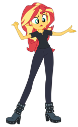Size: 2200x3553 | Tagged: safe, artist:gmaplay, sunset shimmer, human, all the world's off stage, all the world's off stage: pinkie pie, equestria girls, g4, my little pony equestria girls: better together, black shirt, boots, clothes, director shimmer, earpiece, eyebrows, female, high res, pants, pointing, raised eyebrow, shirt, shoes, simple background, solo, t-shirt, transparent background, what are these?