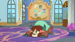 Size: 1920x1080 | Tagged: safe, screencap, yona, yak, g4, she's all yak, bow, cloven hooves, crouching, cute, female, frown, hair bow, lying down, monkey swings, prone, reaction image, sad, sadorable, solo, yonadorable