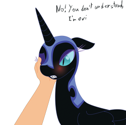 Size: 2020x1995 | Tagged: safe, artist:zev, edit, nightmare moon, alicorn, human, pony, g4, bedroom eyes, blushing, cute, faceless human, faceless male, floppy ears, gritted teeth, hand, hnnng, human on pony petting, male, nicemare moon, offscreen character, one eye closed, petting, simple background, teeth, text, transparent background, tsundere, tsundere moon, wink