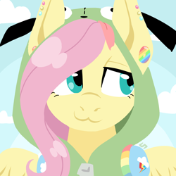 Size: 1000x1000 | Tagged: safe, artist:unluckyxse7en, fluttershy, pegasus, pony, antonymph, cutiemarks (and the things that bind us), g4, :3, bust, clothes, ear piercing, earring, female, fluttgirshy, gay pride flag, gir, headphones, hoodie, invader zim, jewelry, looking away, mare, pansexual pride flag, piercing, pride, pride flag, smiling, solo, vylet pony