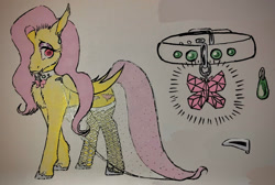 Size: 1280x862 | Tagged: safe, artist:midnightmoon1986, fluttershy, bat pony, pony, g4, bat ponified, clothes, collar, female, flutterbat, hair over one eye, mare, race swap, solo, stockings, thigh highs, traditional art