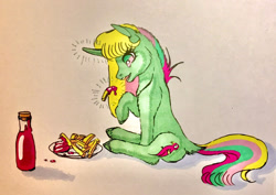 Size: 1280x905 | Tagged: safe, artist:midnightmoon1986, mimic (g1), classical unicorn, pony, twinkle eyed pony, unicorn, g1, cloven hooves, cute, eating, female, food, french fries, herbivore, horn, ketchup, leonine tail, levitation, magic, mare, mimicbetes, sauce, sitting, solo, telekinesis, traditional art, unshorn fetlocks