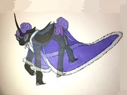 Size: 1280x961 | Tagged: safe, artist:midnightmoon1986, nightmare moon, alicorn, pony, g4, alternate hairstyle, clothes, cloven hooves, female, hair bun, long feather, mare, robe, see-through, solo, tail, tail bun, traditional art, unshorn fetlocks