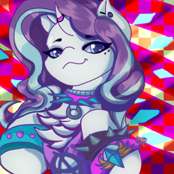 Size: 3000x3000 | Tagged: safe, artist:umbrapone, rarity, pony, unicorn, g4, abstract background, blue eyes, chest fluff, collar, ear piercing, emo, gem, glowing gems, high res, horn, horn ring, needs more saturation, nightmare rarity mane, piercing, rawrified, ring, small horn, smug, smugity, solo, spiked collar, spiked wristband, symbol, this will end in fashion, wristband