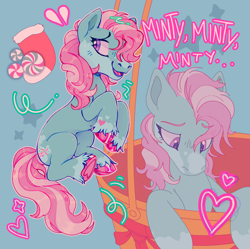 Size: 1950x1942 | Tagged: safe, artist:beetlebonez, minty, earth pony, pony, a very minty christmas, g3, bust, christmas, female, full body, heart, holiday, hot air balloon, looking back, looking down, nervous, oh minty minty minty, simple background