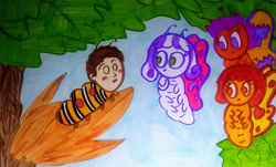Size: 1280x772 | Tagged: safe, artist:dex stewart, apple bloom, scootaloo, sweetie belle, butterfly, caterpillar, g4, james and the giant peach, james henry trotter, roald dahl, species swap, traditional art