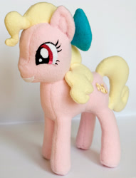Size: 2142x2801 | Tagged: safe, artist:ivy-cinder, oc, oc only, oc:fizzle stick, earth pony, pony, bow, cute, earth pony oc, hair bow, high res, irl, merchandise, photo, plushie, pony plushie, smiling