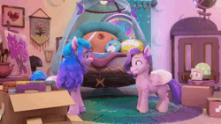 Size: 520x293 | Tagged: safe, screencap, izzy moonbow, pipp petals, pegasus, pony, unicorn, g5, my little pony: make your mark, my little pony: make your mark chapter 1, spoiler:my little pony: make your mark, animated, bed, female, gif, mare, sitting