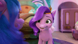 Size: 520x293 | Tagged: safe, screencap, izzy moonbow, pipp petals, pegasus, pony, unicorn, g5, my little pony: make your mark, my little pony: make your mark chapter 1, spoiler:my little pony: make your mark, adorapipp, animated, bracelet, cute, female, flapping wings, gif, headband, hoofbump, i watch it for the ears, jewelry, mare, wings