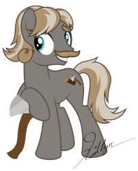 Size: 5000x6201 | Tagged: safe, artist:kaitykat117, oc, oc:ironwood(kaitykat), earth pony, pony, g4, axe, base used, blue eyes, eyebrows, facial hair, gray coat, leaning, log, male, moustache, much obliged ma'am, raised hoof, simple background, smiling, solo, stallion, transparent background, turned head, vector, weapon