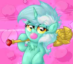 Size: 2299x2013 | Tagged: safe, artist:background basset, lyra heartstrings, pony, unicorn, g4, abstract background, bubblegum, bust, chest fluff, female, food, gum, high res, looking at you, mare, scepter, smug, solo, twilight scepter