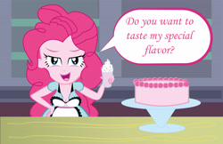 Size: 5101x3300 | Tagged: safe, artist:bronybran, pinkie pie, human, equestria girls, g4, breasts, cake, cleavage, food, looking at you, milk, server pinkie pie, speech bubble, talking, waitress