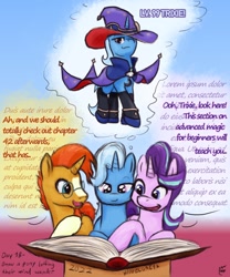 Size: 1000x1200 | Tagged: safe, artist:hiddelgreyk, starlight glimmer, sunburst, trixie, pony, unicorn, g4, book, cape, clothes, cosplay, costume, daydream, dialogue, distracted, female, genshin impact, glasses, hat, latin, lisa (genshin impact), lorem ipsum, male, mare, mona (genshin impact), shoes, signature, simple background, speech bubble, stallion, stockings, thigh highs, thought bubble, trio, witch hat